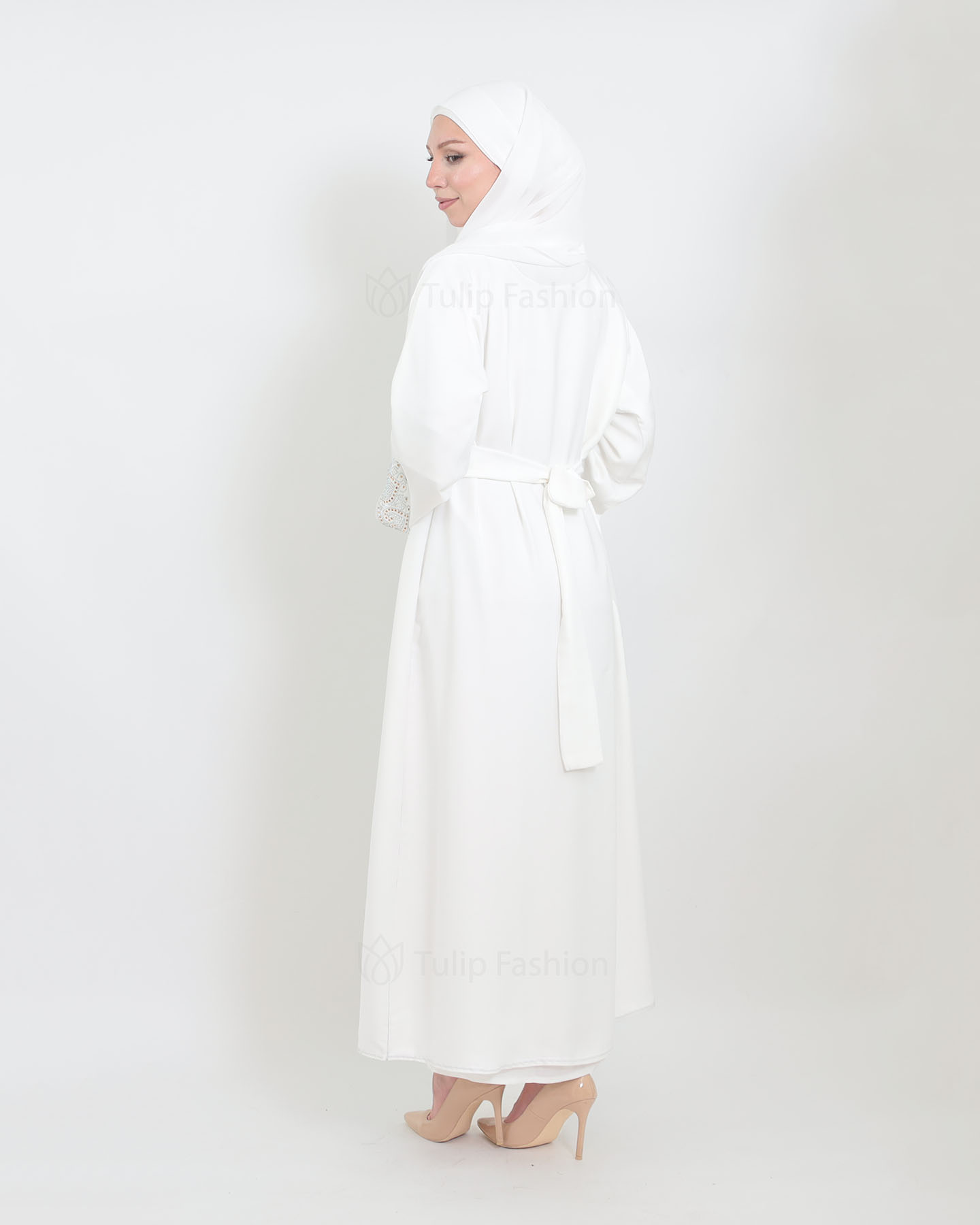 Open Abaya with sleeveless dress - Off-White - 4