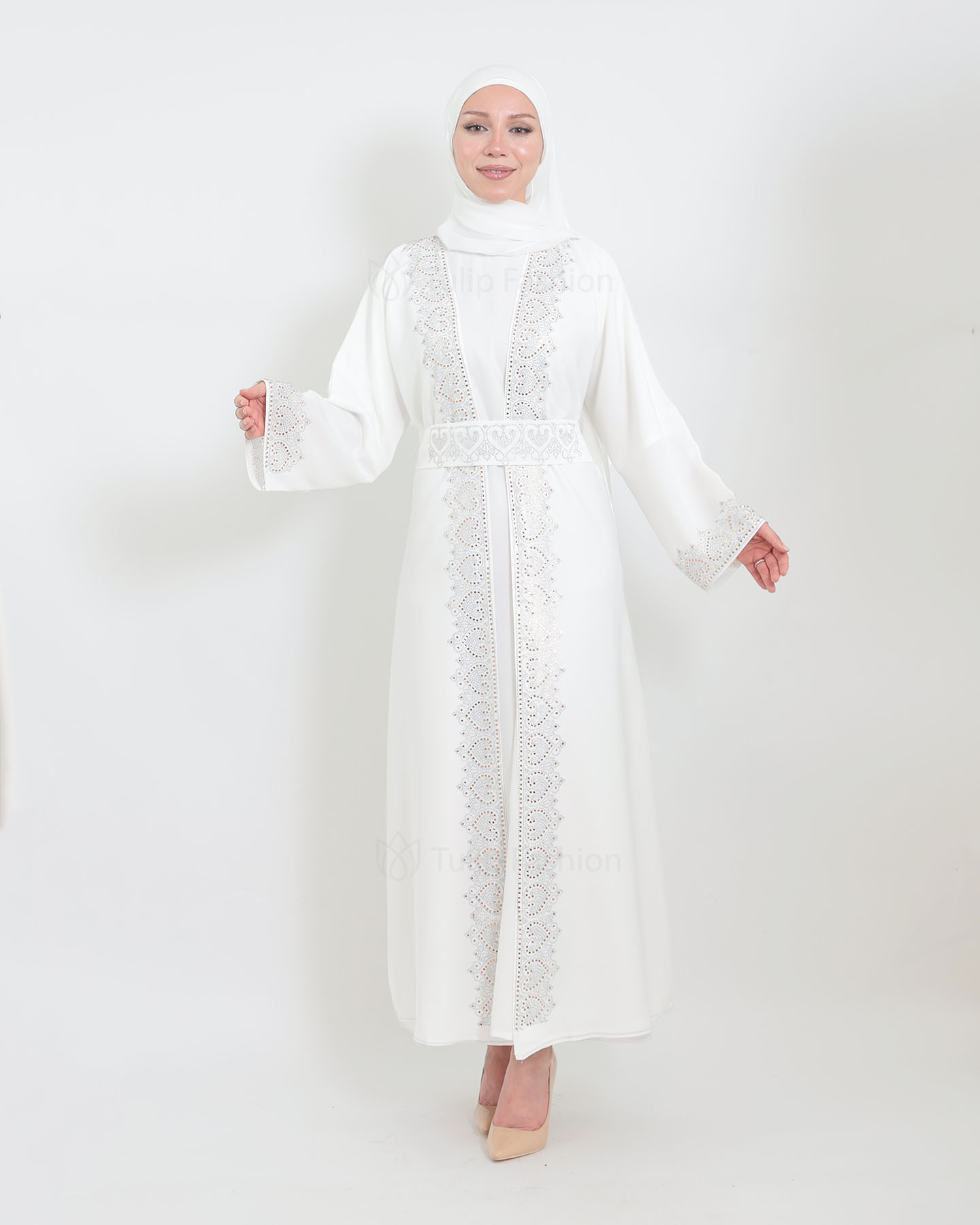 Open Abaya with sleeveless dress - Off-White