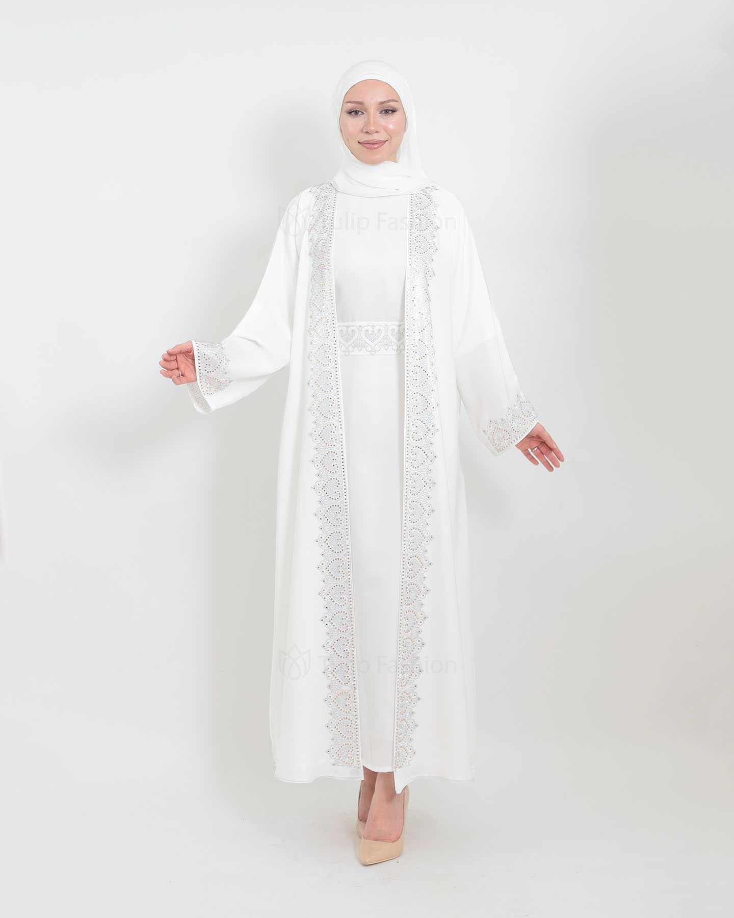 Open Abaya with sleeveless dress - Off-White - 7