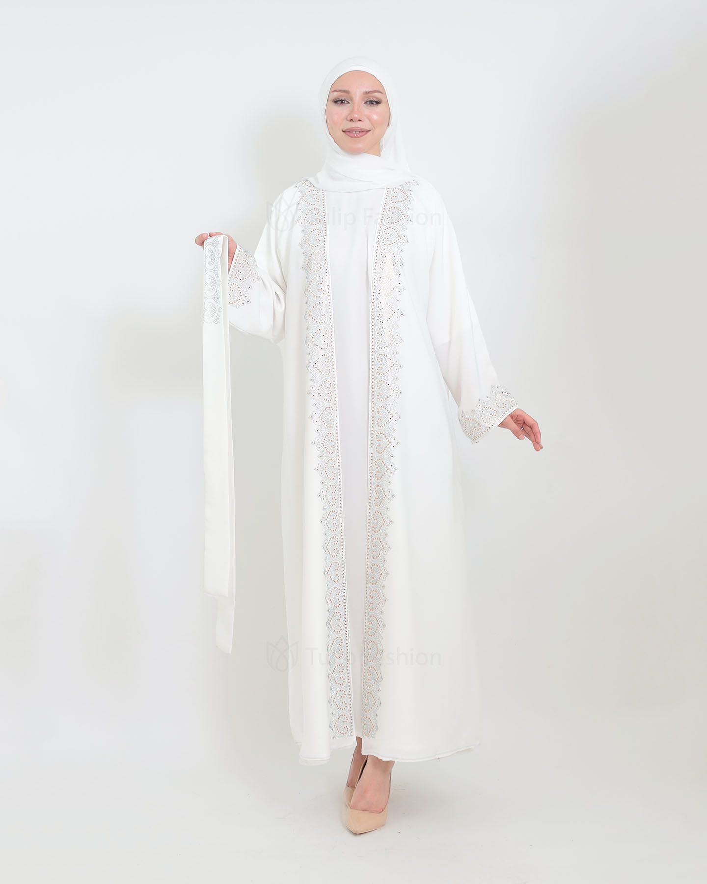 Open Abaya with sleeveless dress - Off-White - 6