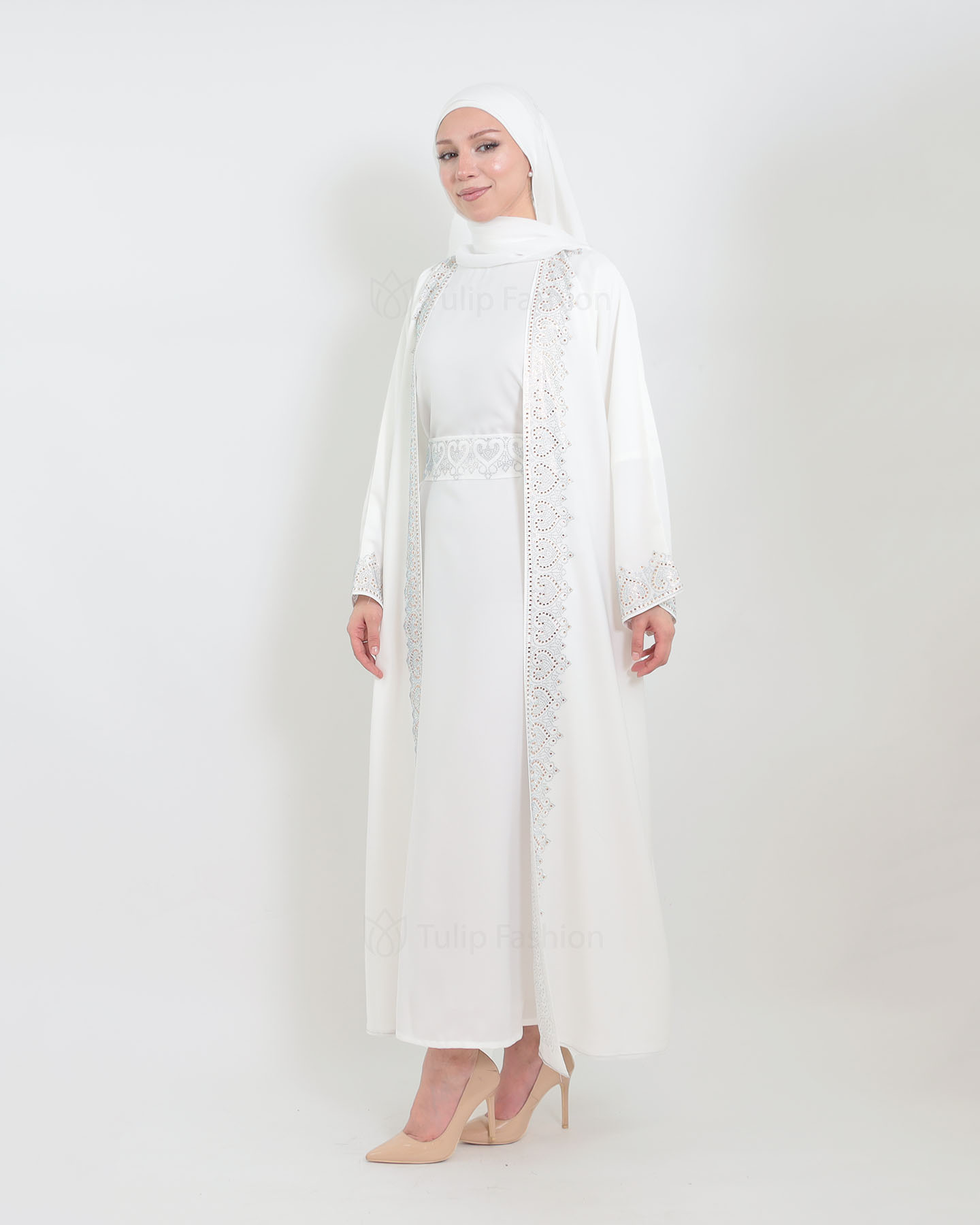 Open Abaya with sleeveless dress - Off-White - 8