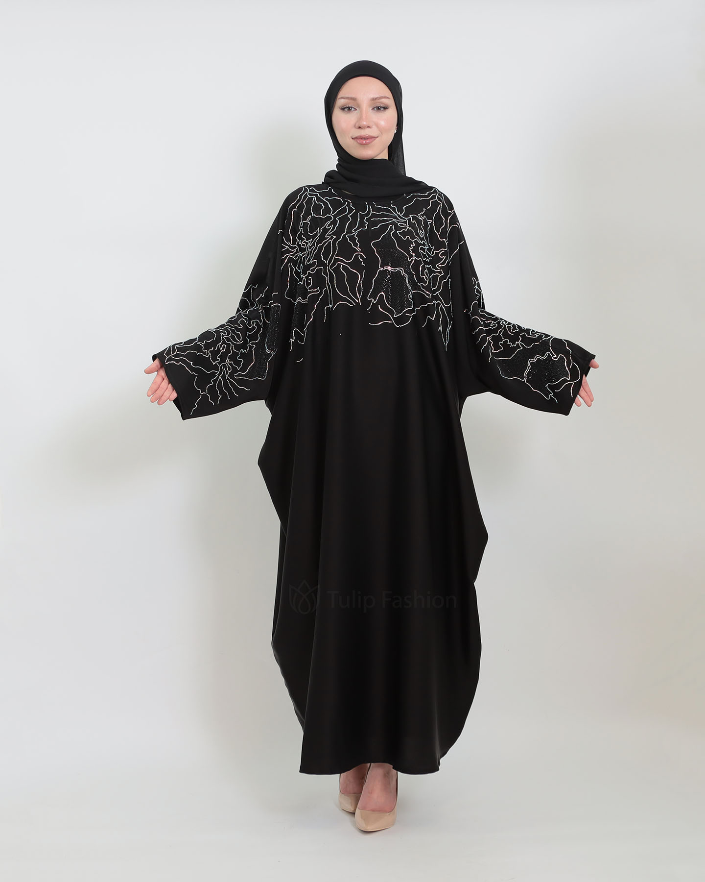 Butterfly Abaya - Stone Decorated - Black - 5