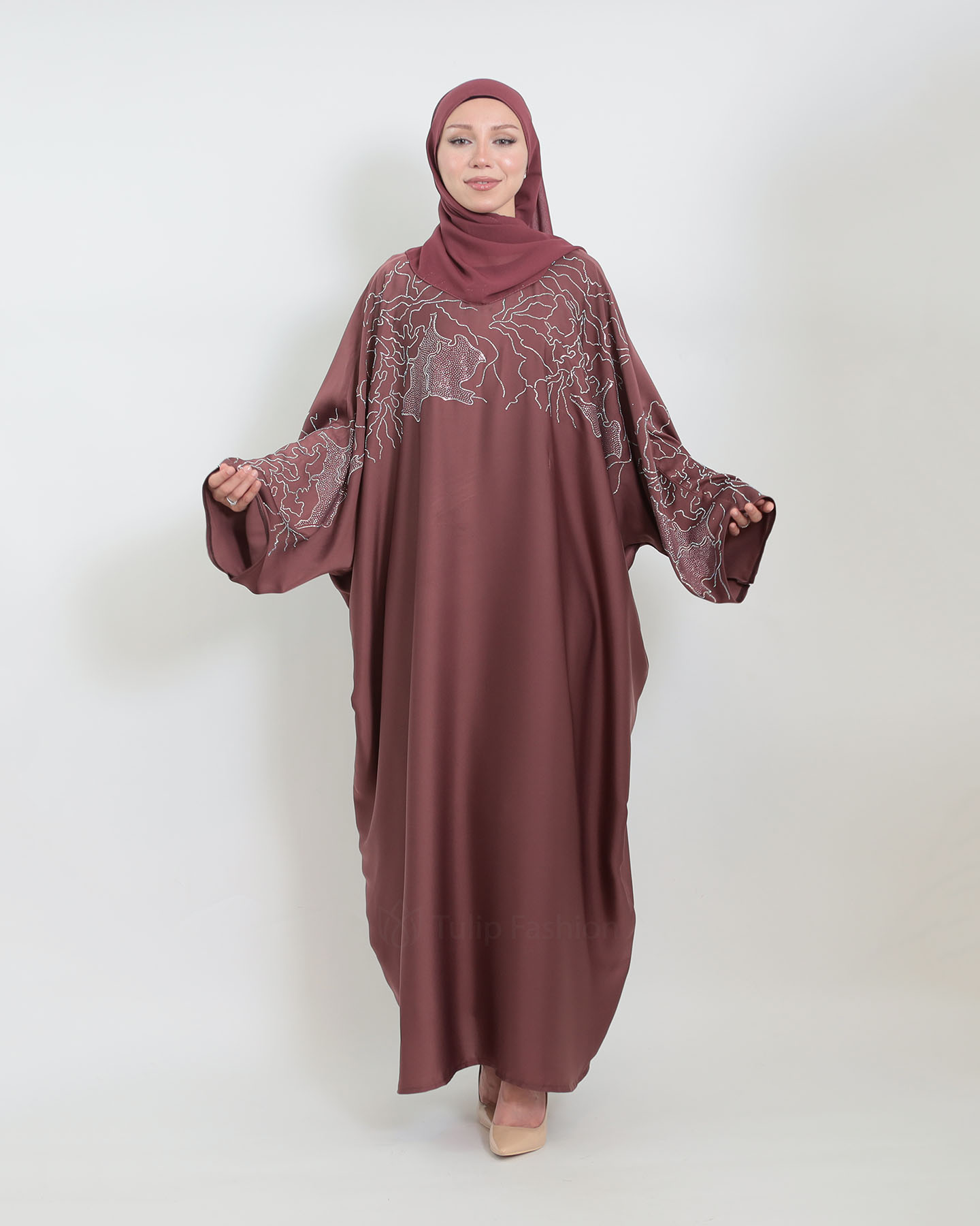 Butterfly Abaya - Stone Decorated - Mauve - 3