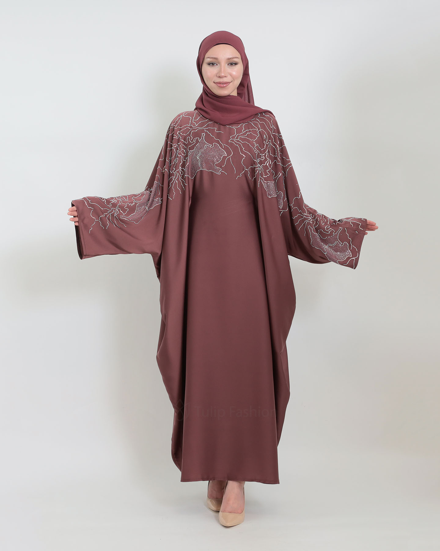 Butterfly Abaya - Stone Decorated - Mauve - 4