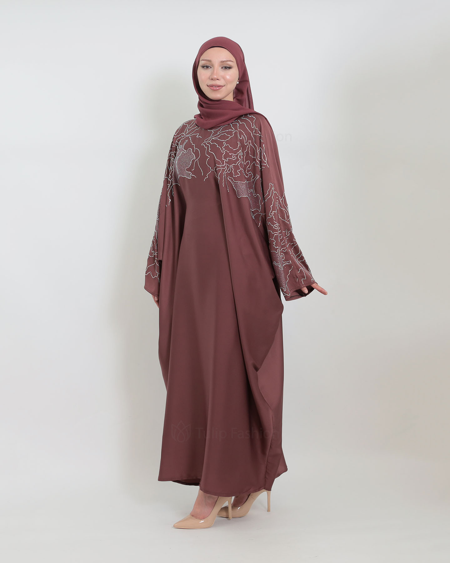 Butterfly Abaya - Stone Decorated - Mauve - 5
