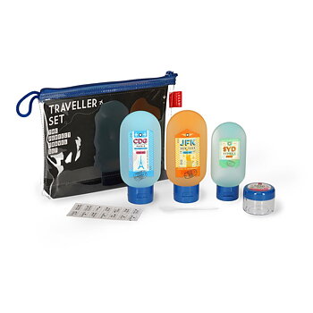 Sæt med små tomme beholdere til shampoo, cremer osv.