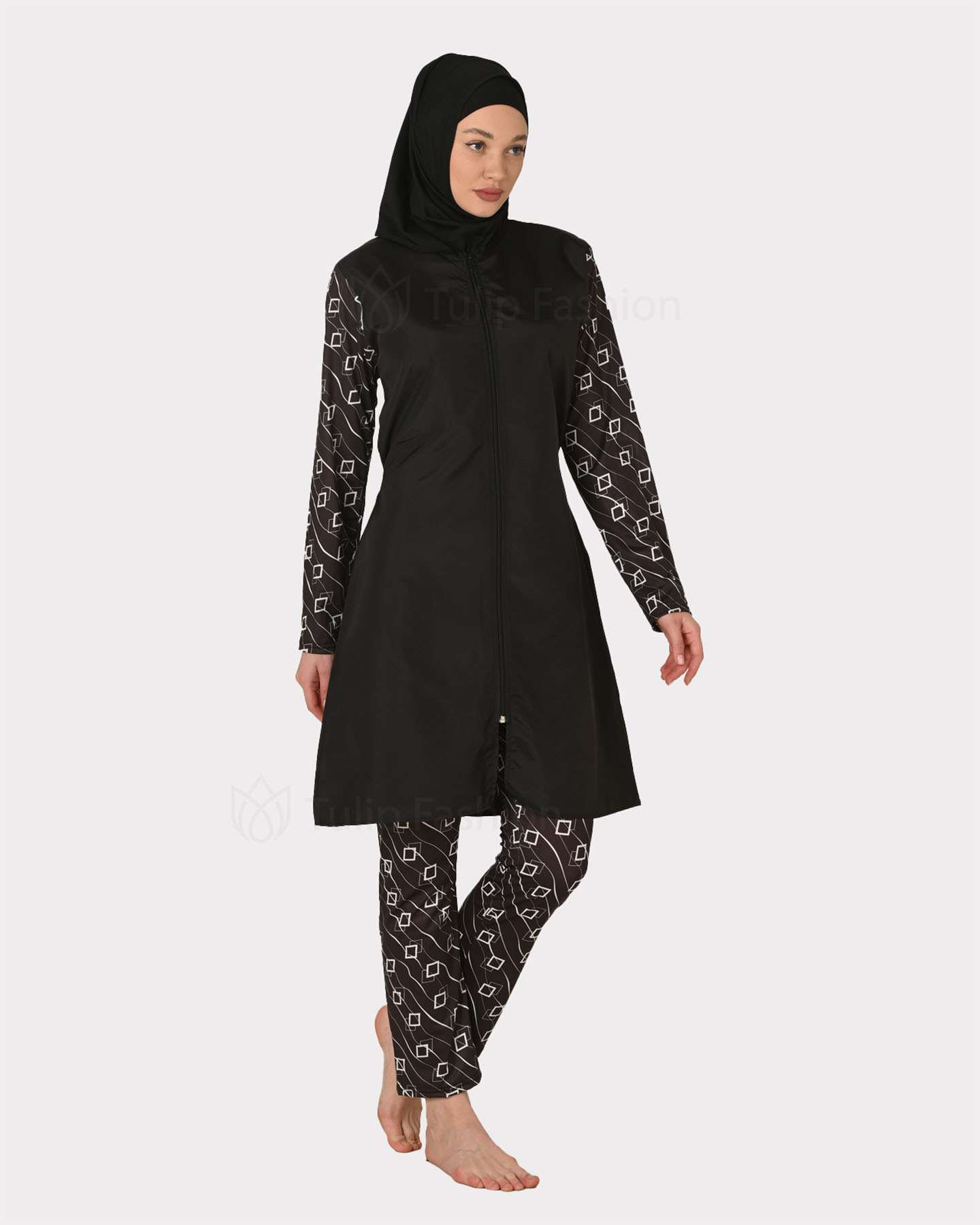 Muslim Swimsuit with hijab - Black/White - 3