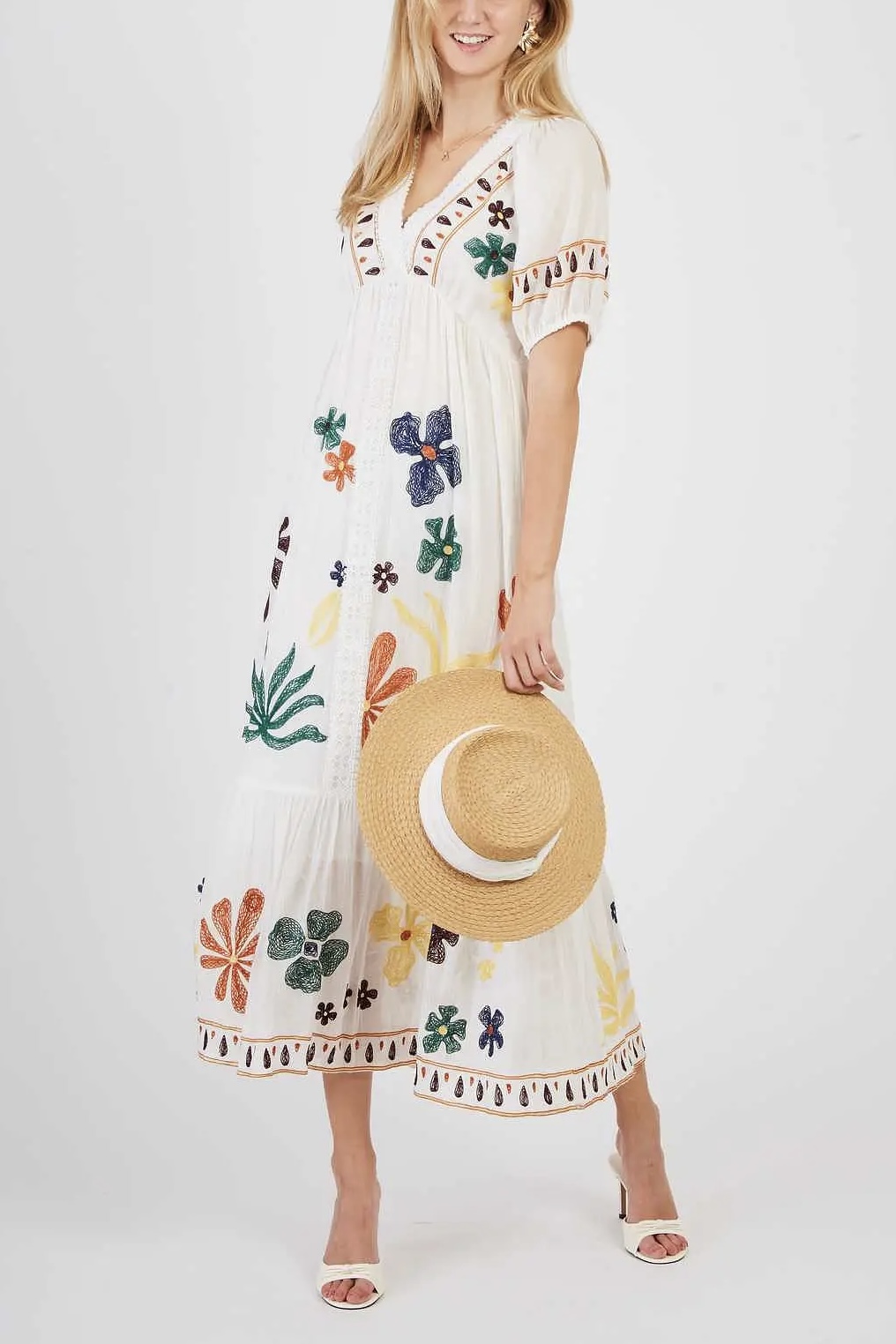 Derhy  - Chimene  Embrodery Long Dress Ecru - 3