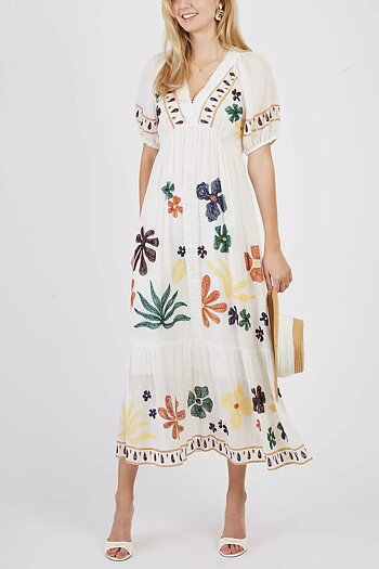Derhy  - Chimene  Embrodery Long Dress Ecru