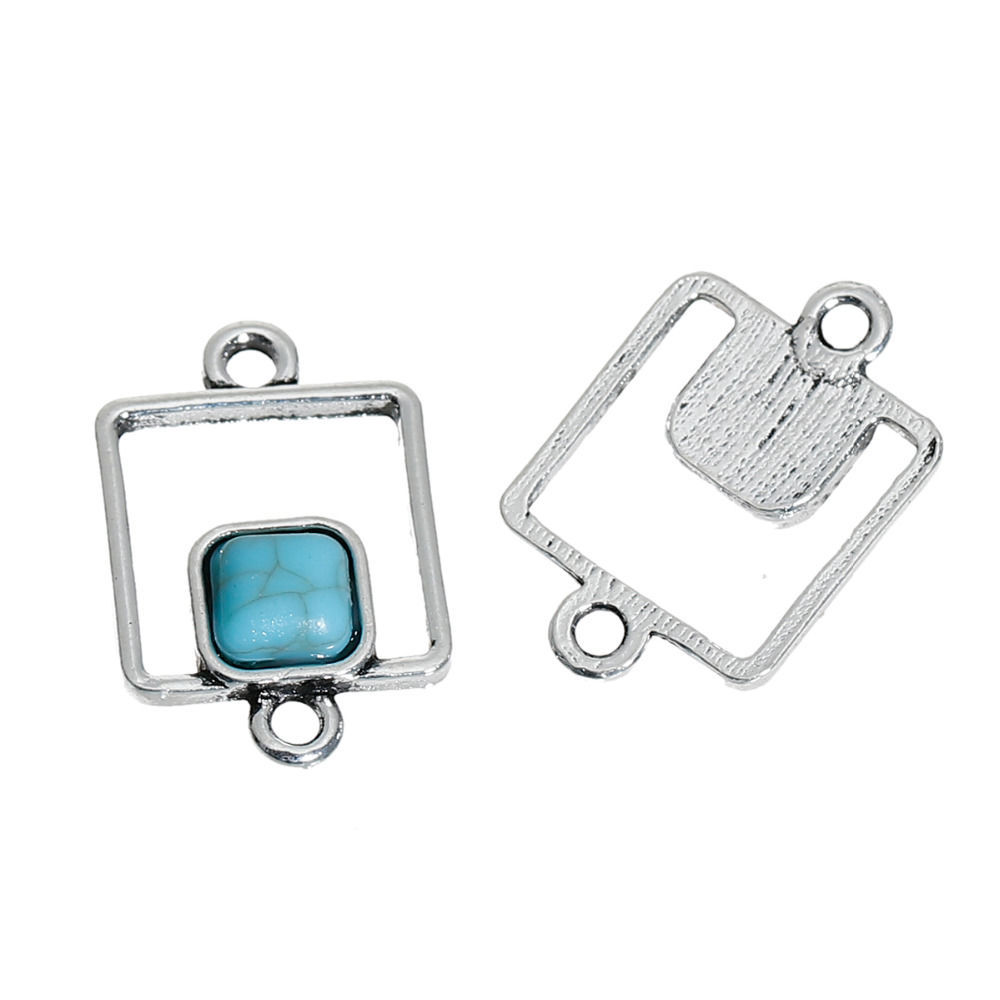 Berlock / Connector -   Boho chic  Square  Silver, turkos - 2