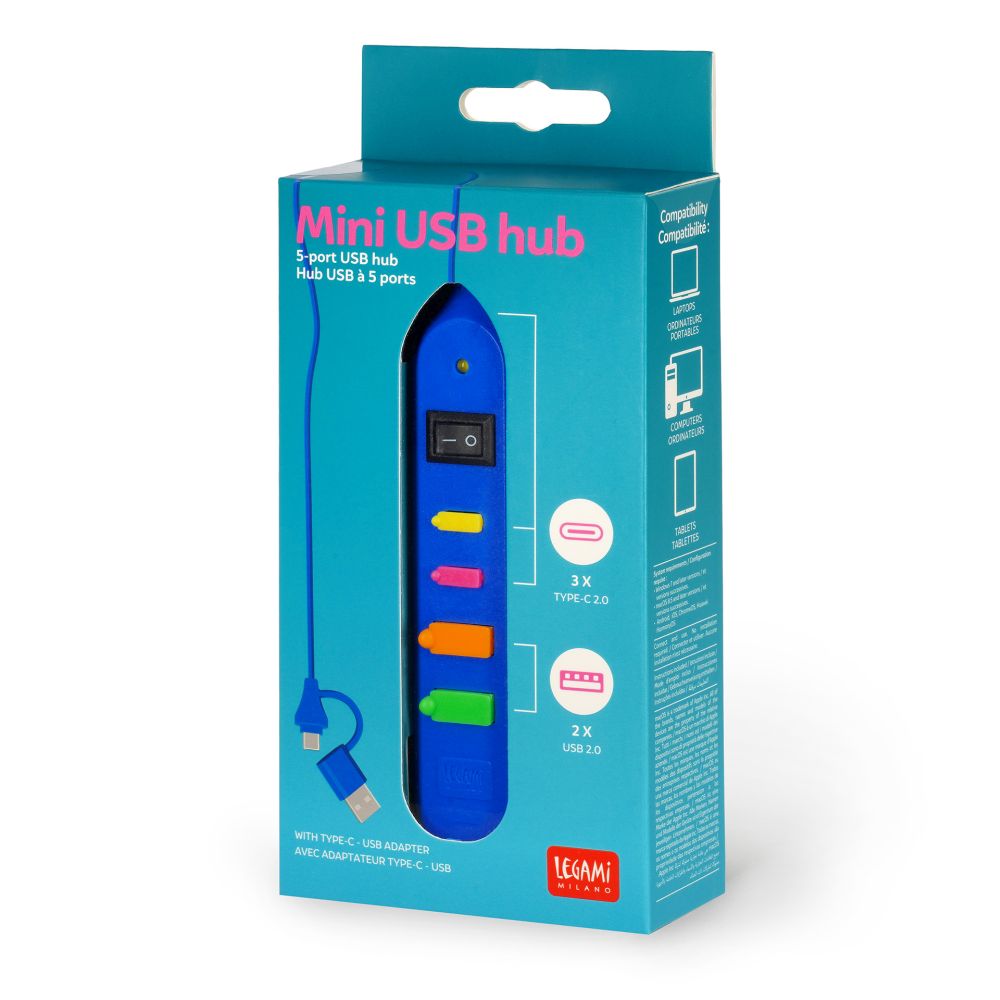 Mini USB Hub, grenkontakt för USB-sladdar, 5 portar, blå - 2
