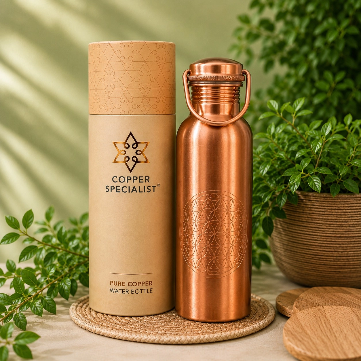 "Flower of Life" Copper Bottle with Handle, 750 ml, Copper Specialist - 3