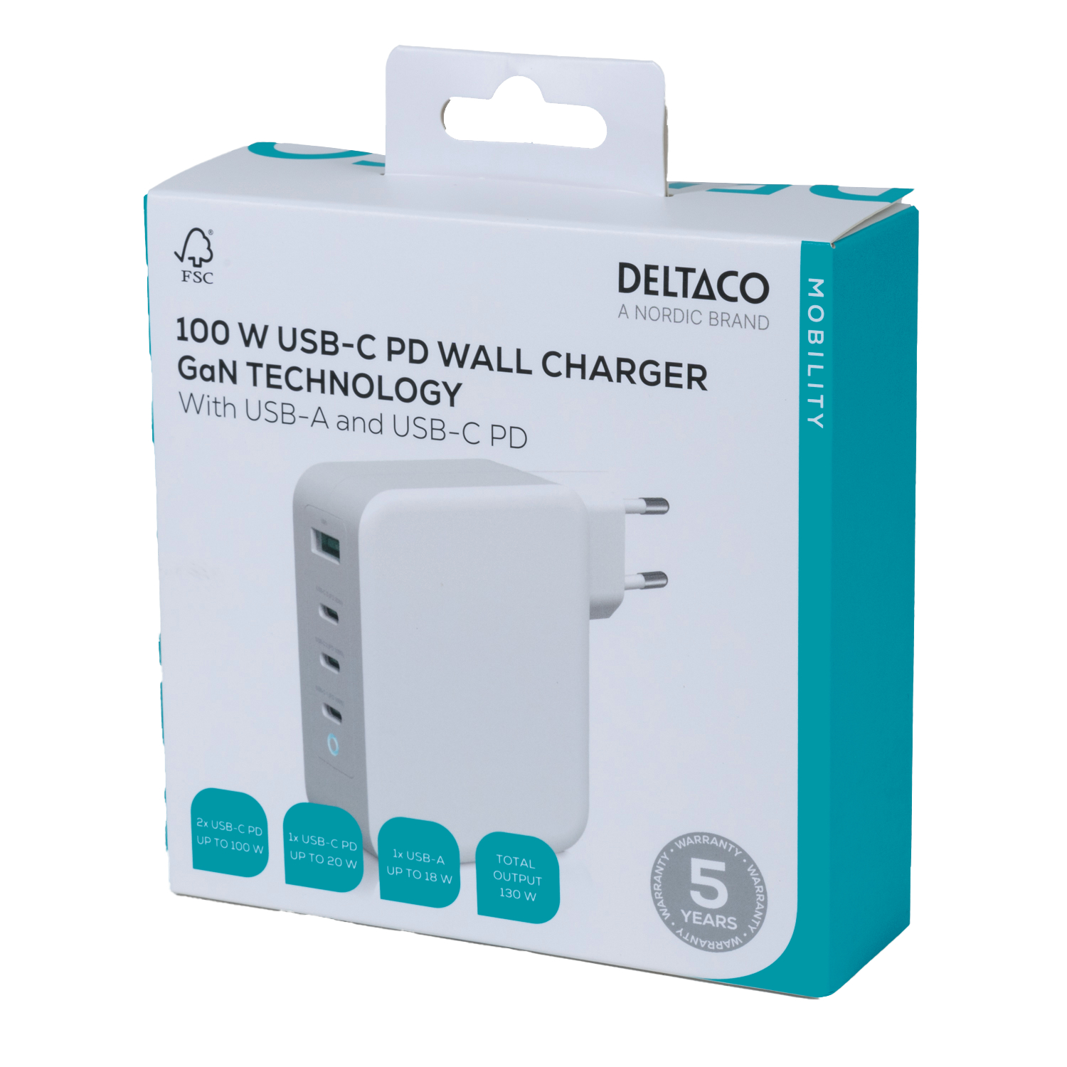 Deltaco USB GaN väggladdare, 1x USB-A, 3x USB-C, totalt 130 W, vit - 4