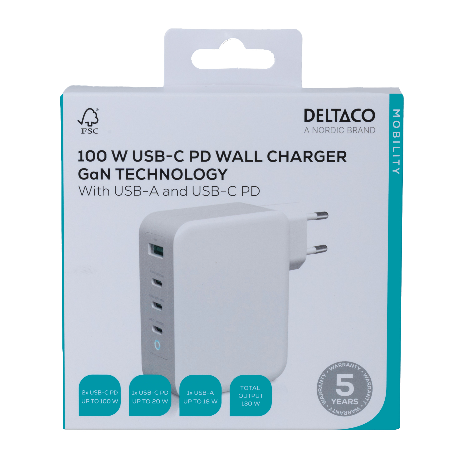 Deltaco USB GaN väggladdare, 1x USB-A, 3x USB-C, totalt 130 W, vit - 5