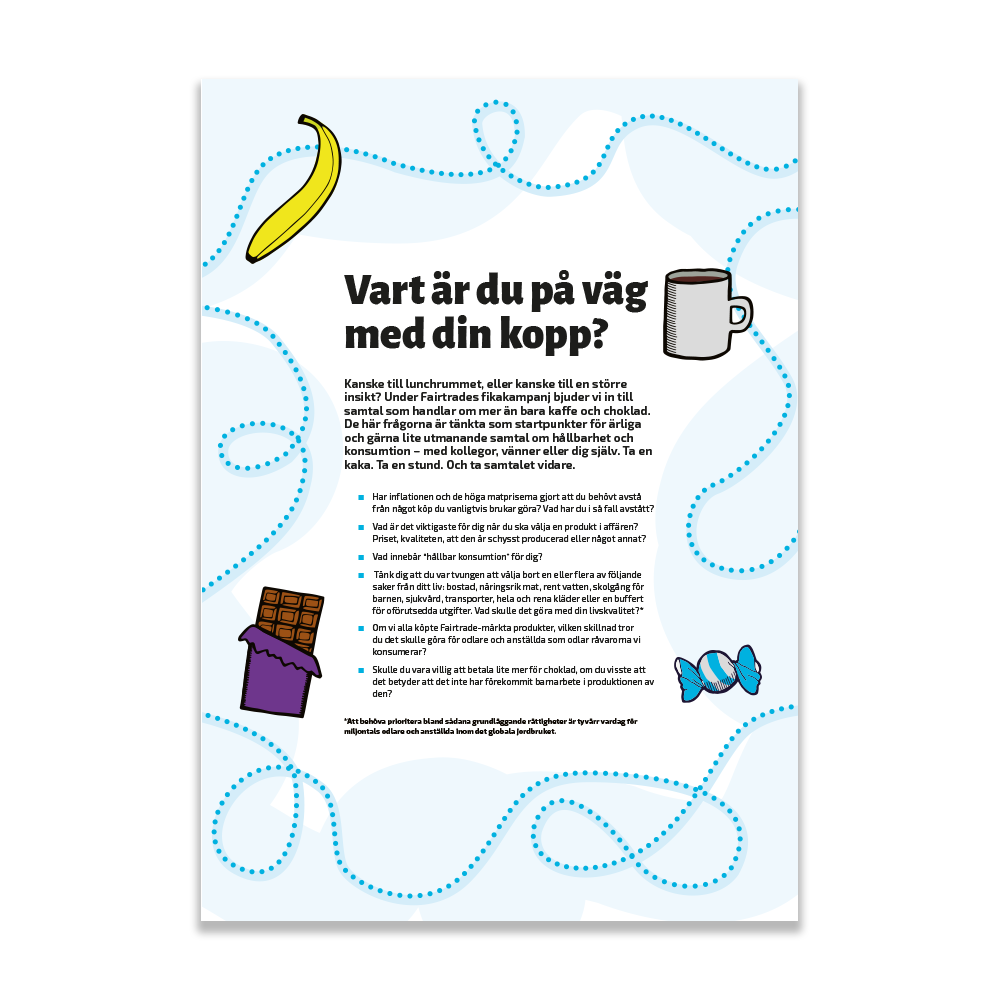 En sida med ljusblå ram, text och rubriken "Vart är du påväg med din kopp?"