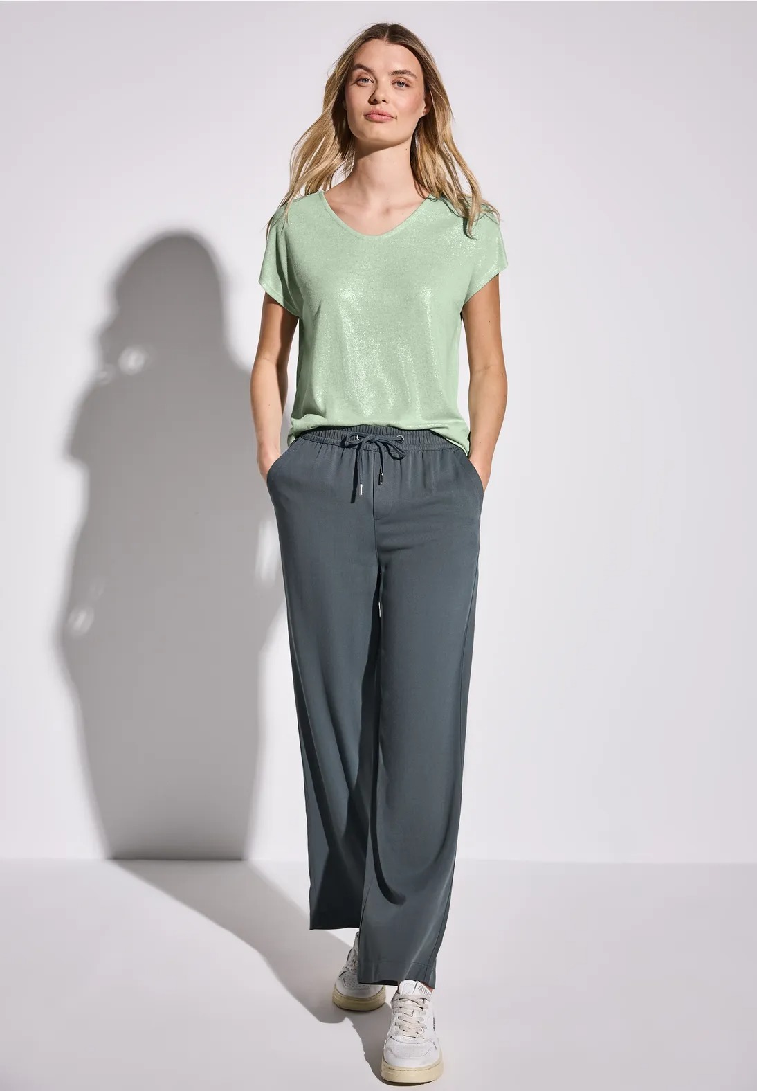 SOL Coated V-neck Shirt - Soft Jade Green - Street One - 3