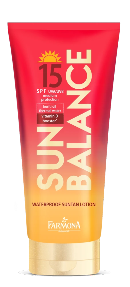 Solbeskyttelsesemulsion SPF 15 med buritiolie for en smuk solbrun farve