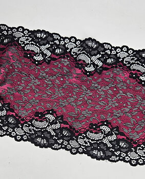 Black stretch lace with Fuchsia pattern - 21 cm