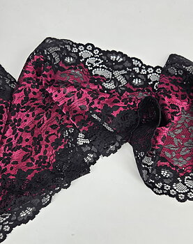 Black stretch lace with Fuchsia pattern - 21 cm