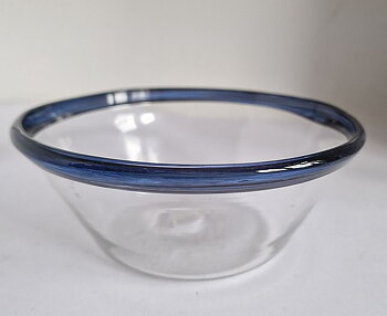 Blown glass bowl with blue rim