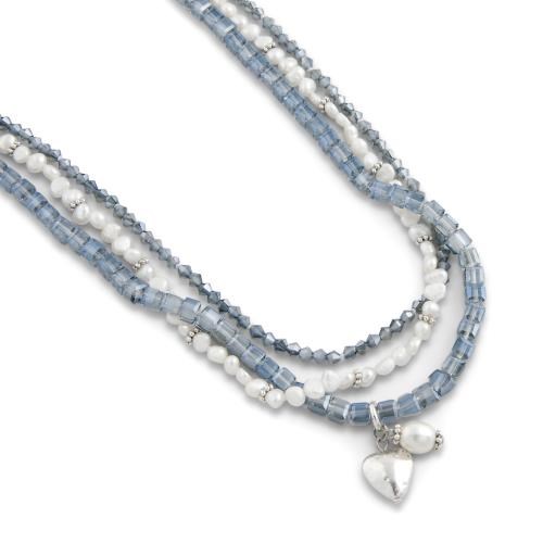 Pearls for Girls. Treradigt halsband med blå pärlor, längd 45 cm