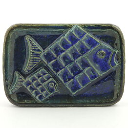 Willi Fischer (1960s) Blue Relief Wall Plaque with Two Fishes 26 cm