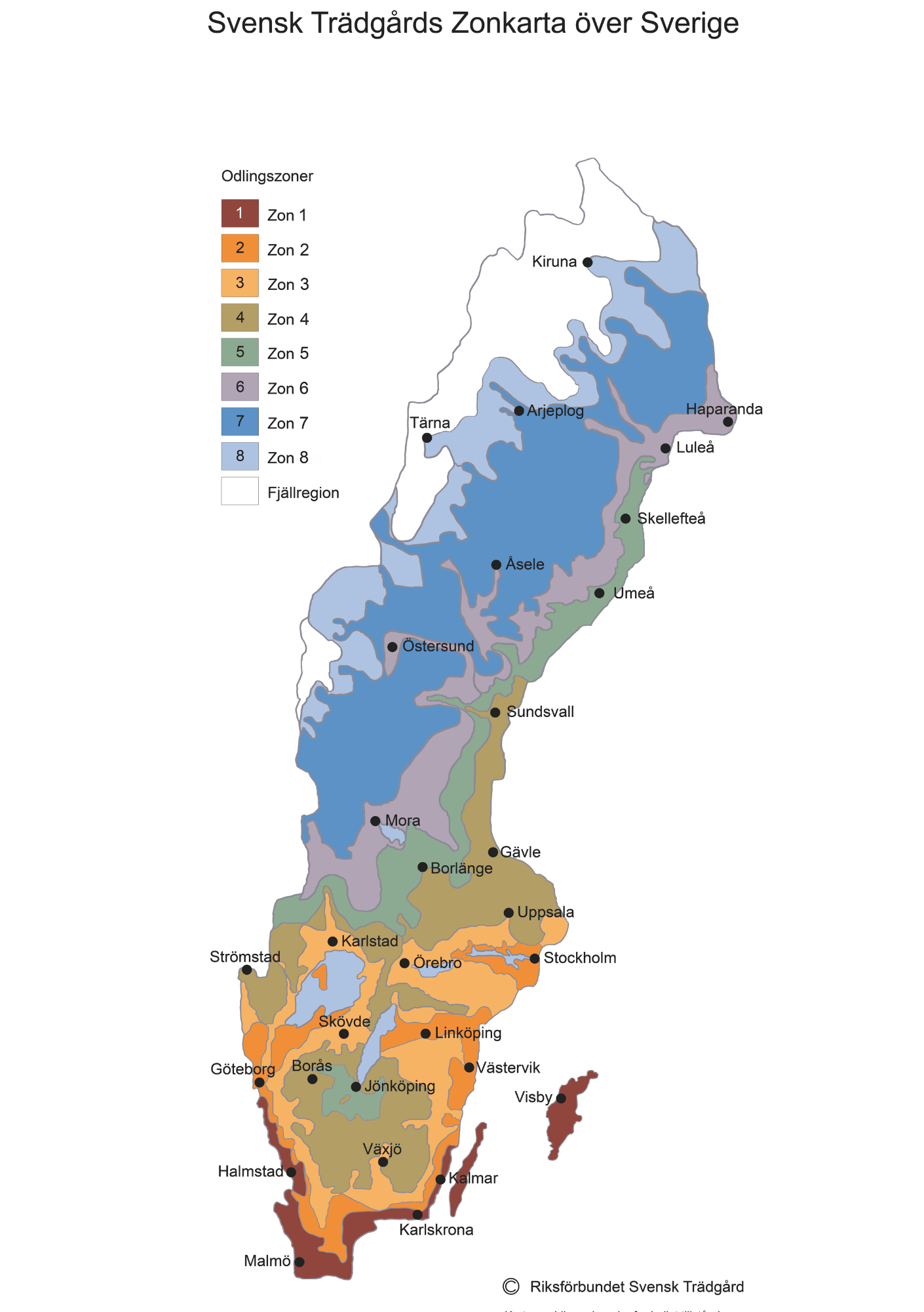 Svensk Trädgårds zonkarta 