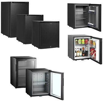 Minibar svart i olika storlekar med grå eller vit insida  finns även med glasdörr.