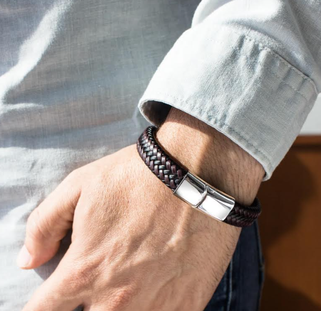 Svart personligt läder armband med gravyr 23cm - Rostfritt stål - 2