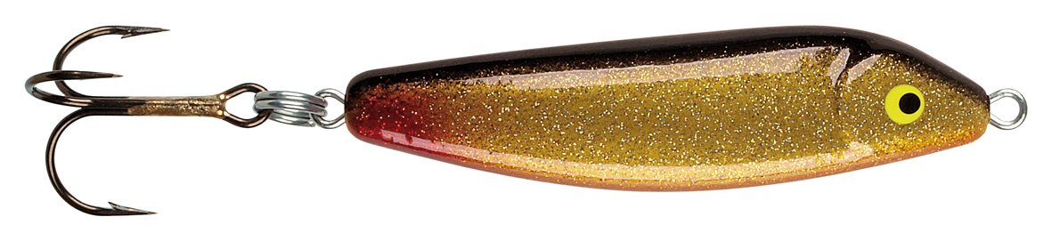 Falkfish ghost 60mm 18g is a spoon lure that is well suited to spin fishing for trout, char and grayling - Gold Black Glitter OB RT