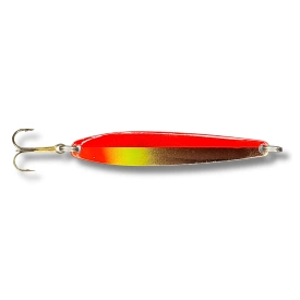 falkfish thor 18g is a long throwing spoon lure for sea trout, rainbow trout and brown trout. color red copper yellow
