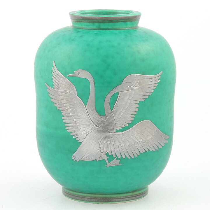 Wilhelm Kåge (Argenta 1937) Green Vase with Swan Motif 18 cm