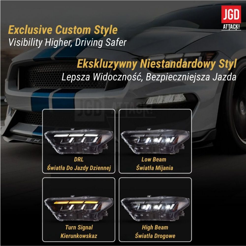 S650-stil Full LED-strålkastare med orange blinkers – Set (FORD MUSTANG 2015–2017) - 5