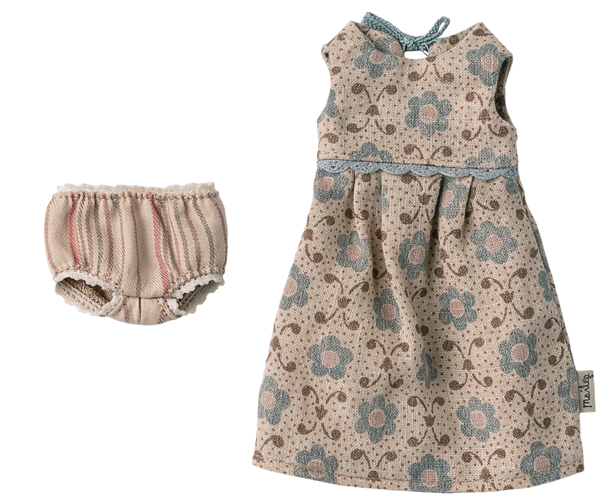 Maileg - BRUN KANIN m/blåblommig klänning - Size 2