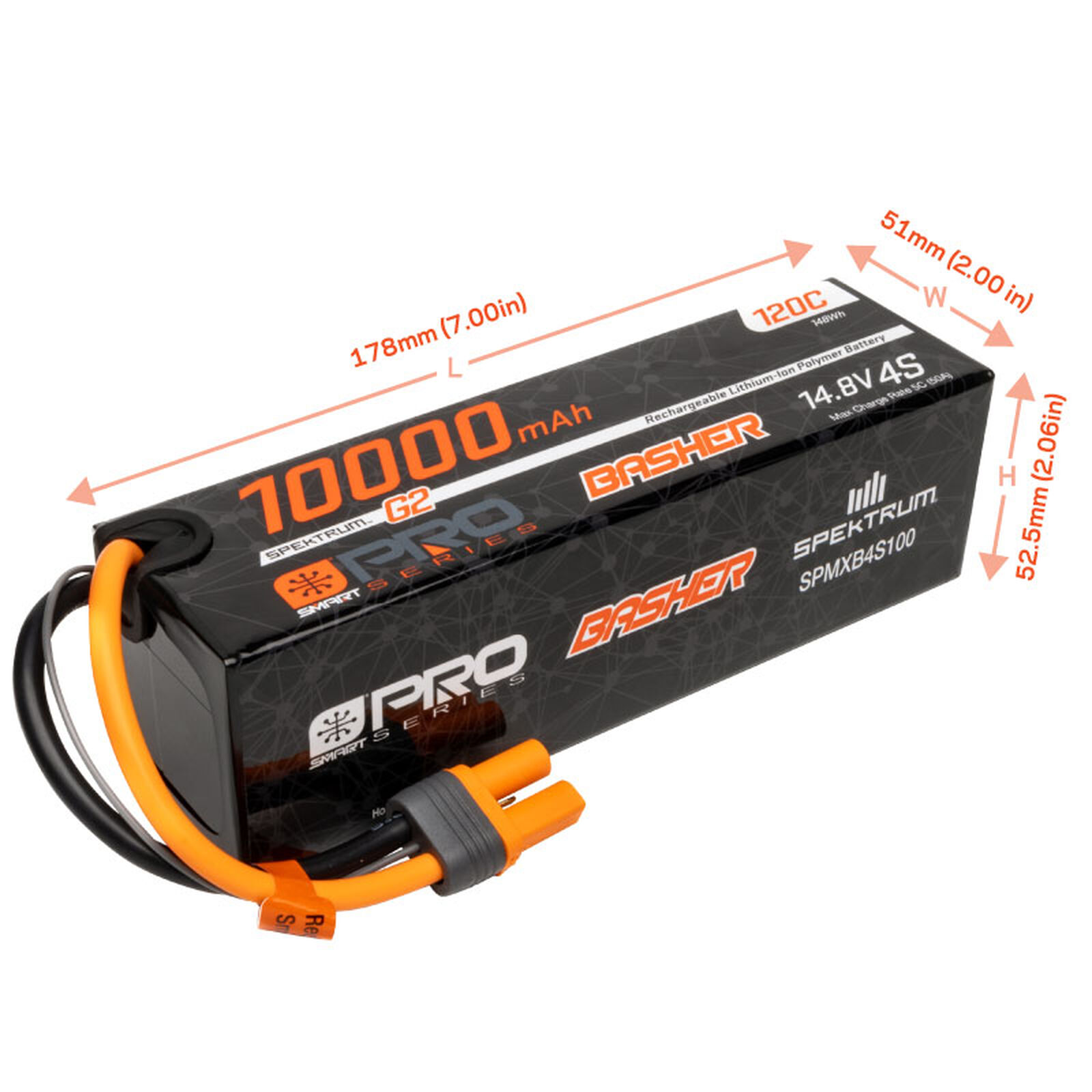 Spektrum 14.8V 10000mAh 4S 120C Smart G2 Pro Basher LiPo Battery: IC5 - 4
