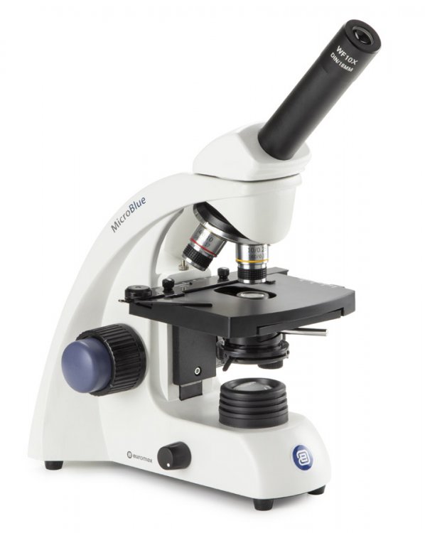 Mikroskop MicroBlue mono, akromatiskt, 40/100/S400/S1000x olja, DIN 35 mm, x/y-bord, 1W LED, laddbart