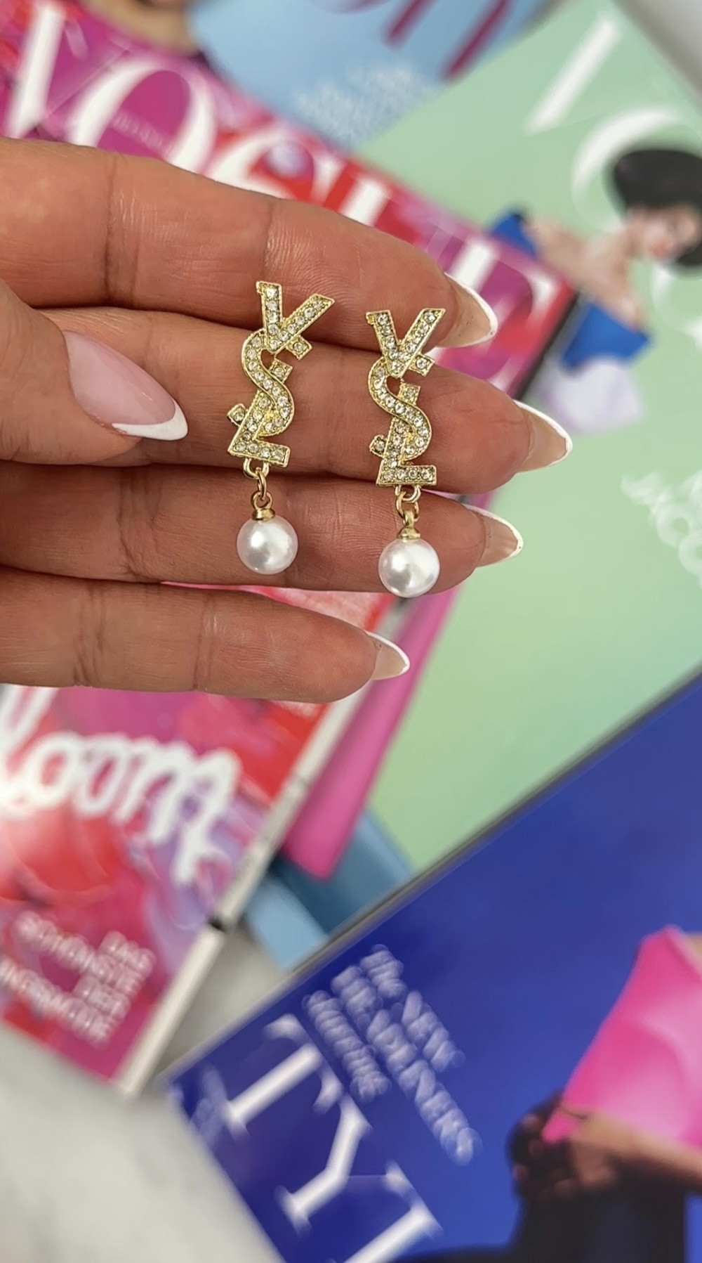 Earrings Y Designer white pearl Gold - 2