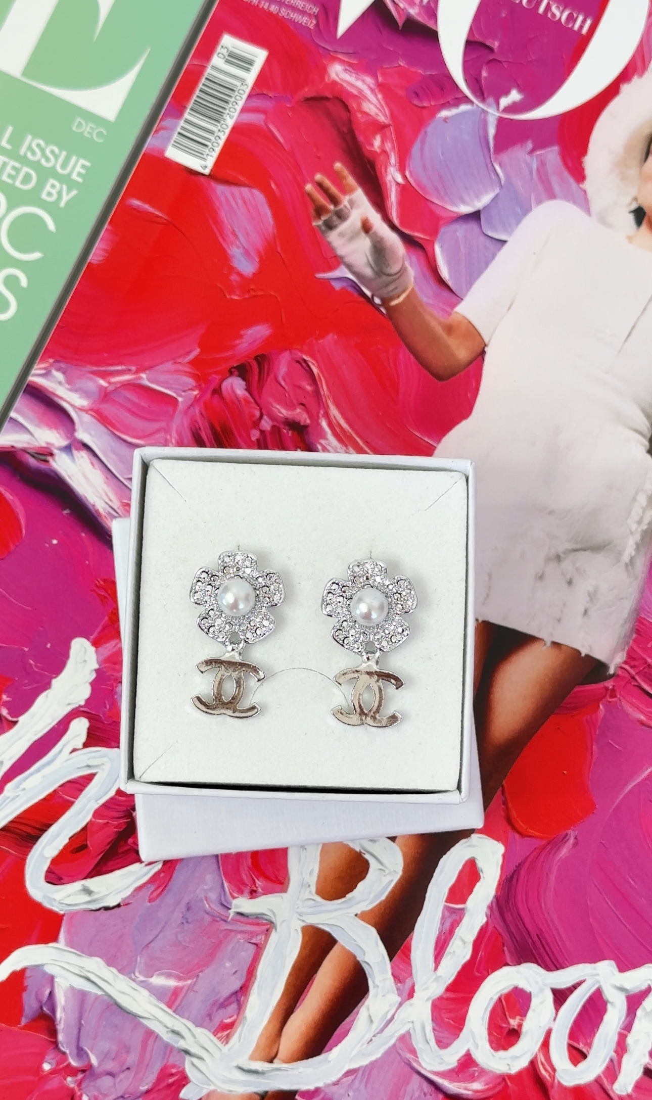 Earrings CC Designer Flower Pearl Silver