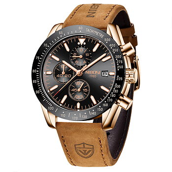 Nibosi Trackmaster Rose Gold Black Leather