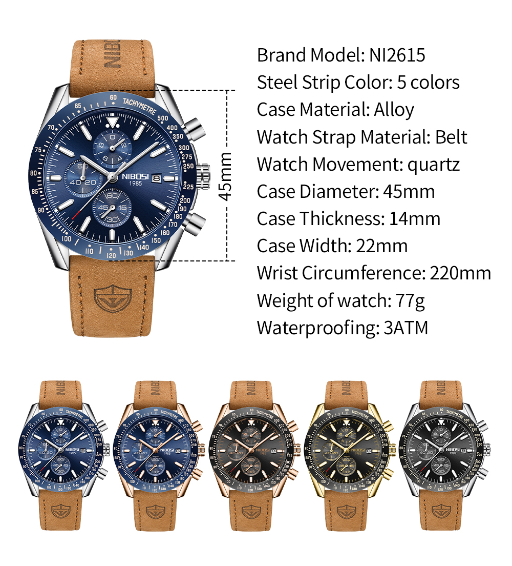 Nibosi Trackmaster Rose Gold Black Leather - 6