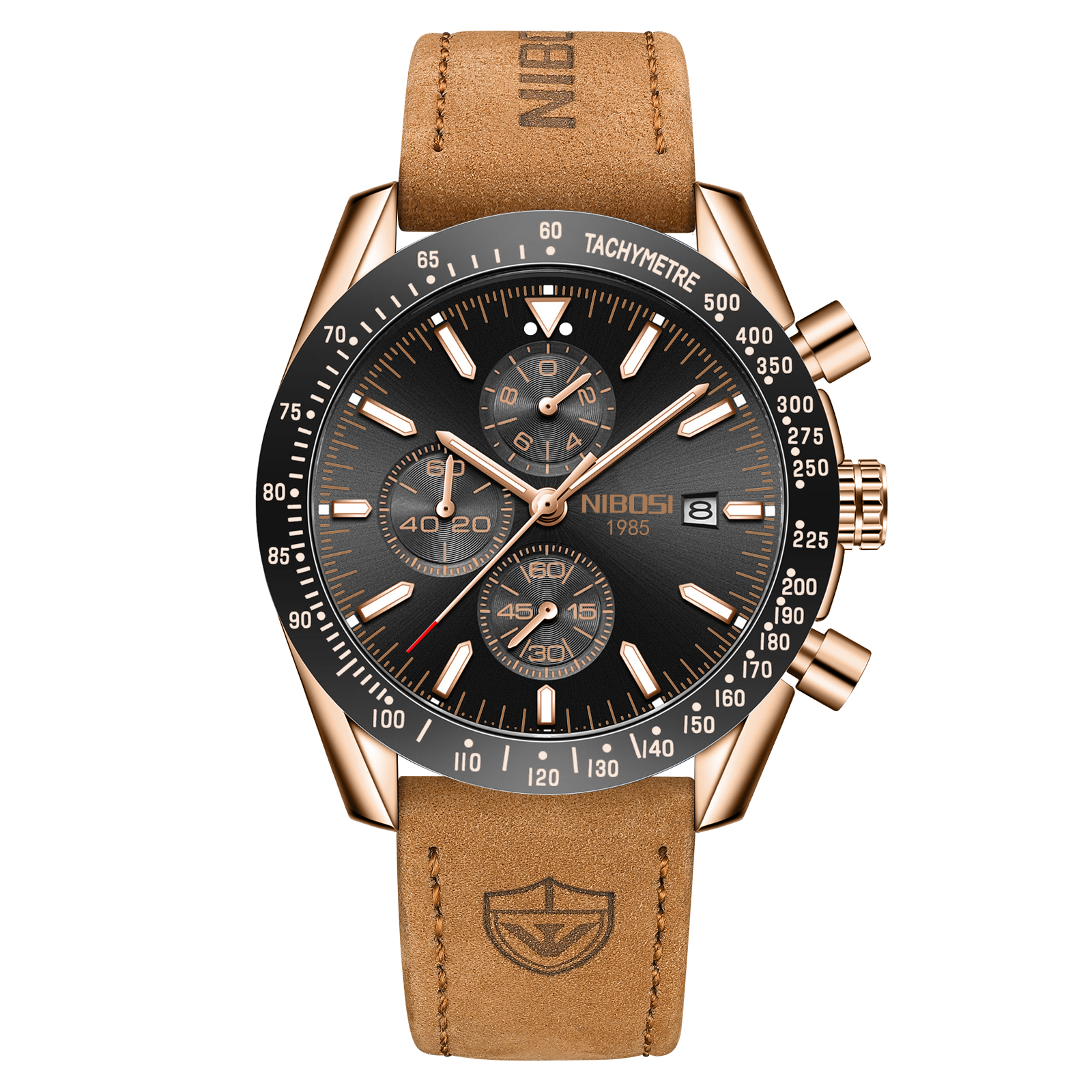 Nibosi Trackmaster Rose Gold Black Leather | Herrklockor | Klocktema