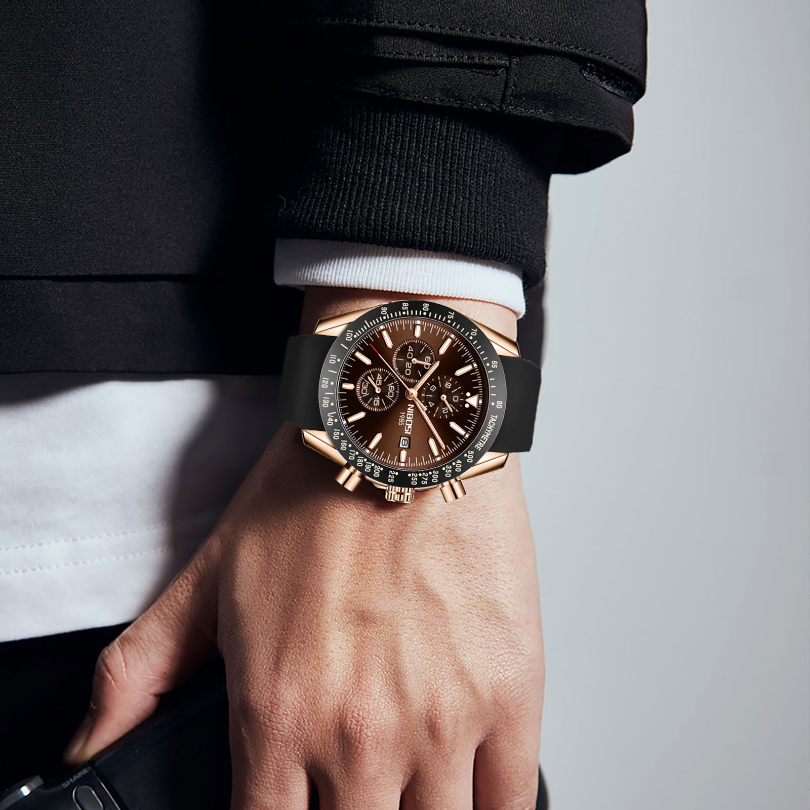 Nibosi Trackmaster Rose Gold Black Rubber - 6