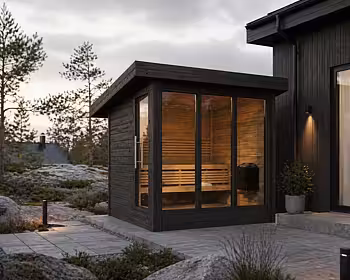 Nordkapp GLOW bastu med stora glaspartier och modern skandinavisk design