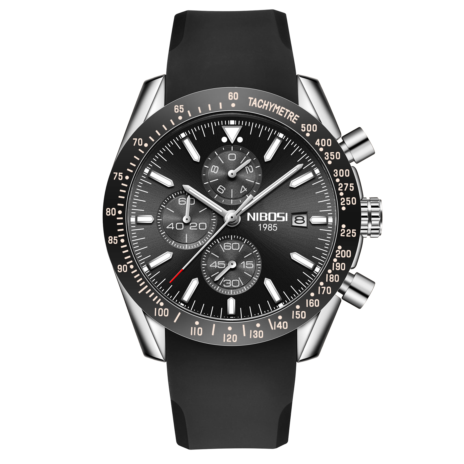 Nibosi Trackmaster Silver Black Rubber | Herrklockor | Klocktema