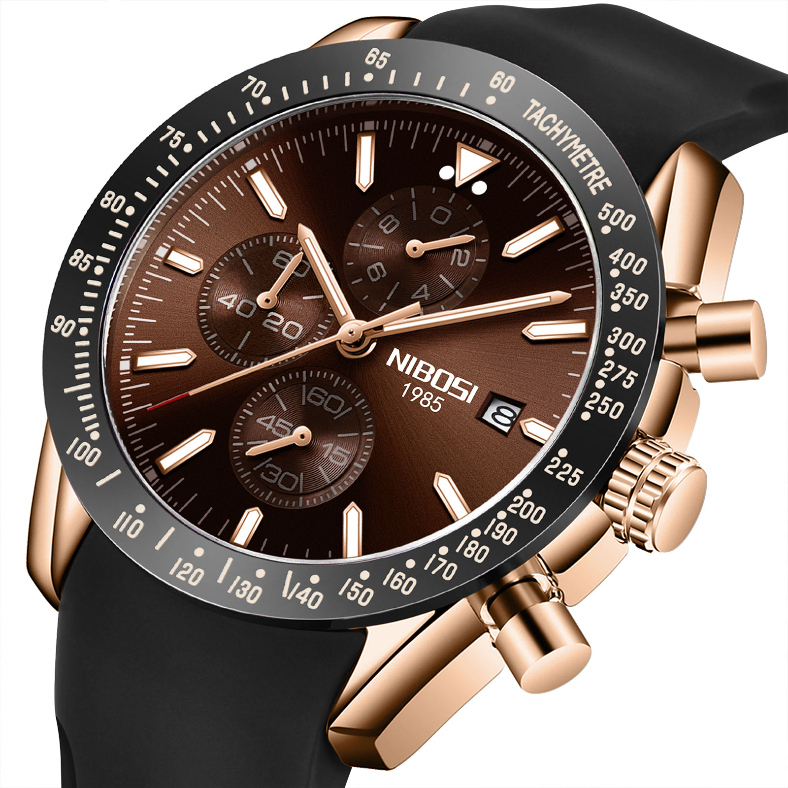 Nibosi Trackmaster Rose Gold Brown Rubber - 2