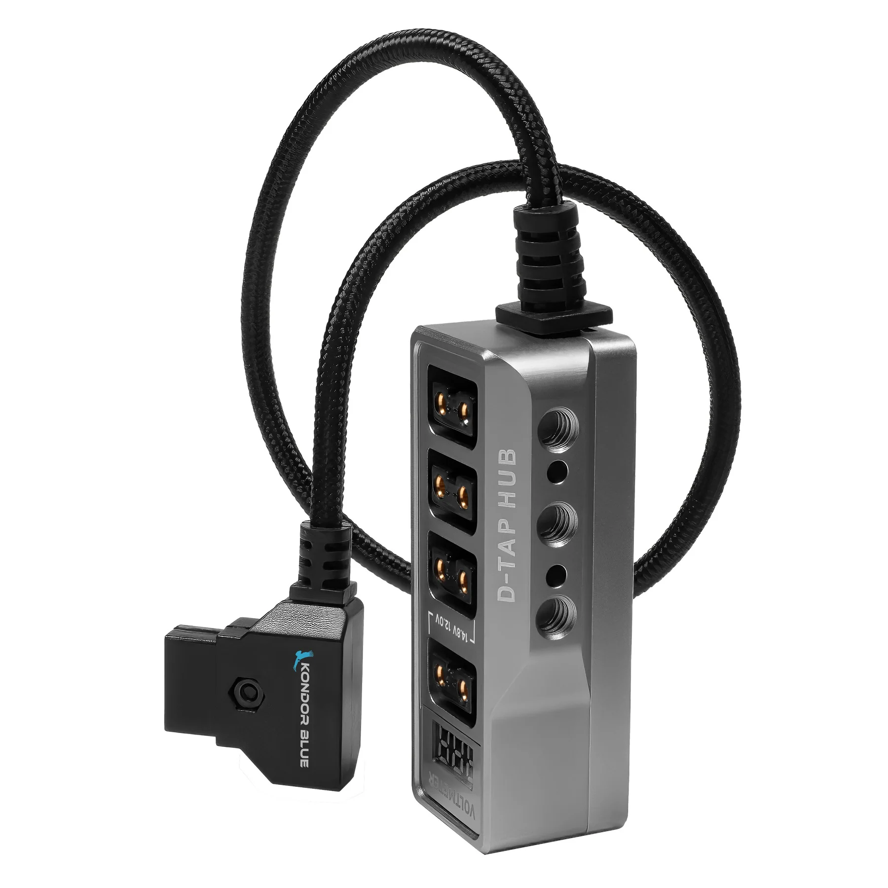 Kondor Blue 12v Metal D-tap Hub Voltmeter 4 Way Port Power Tap Splitter (1/4”-20 Threads) - 2