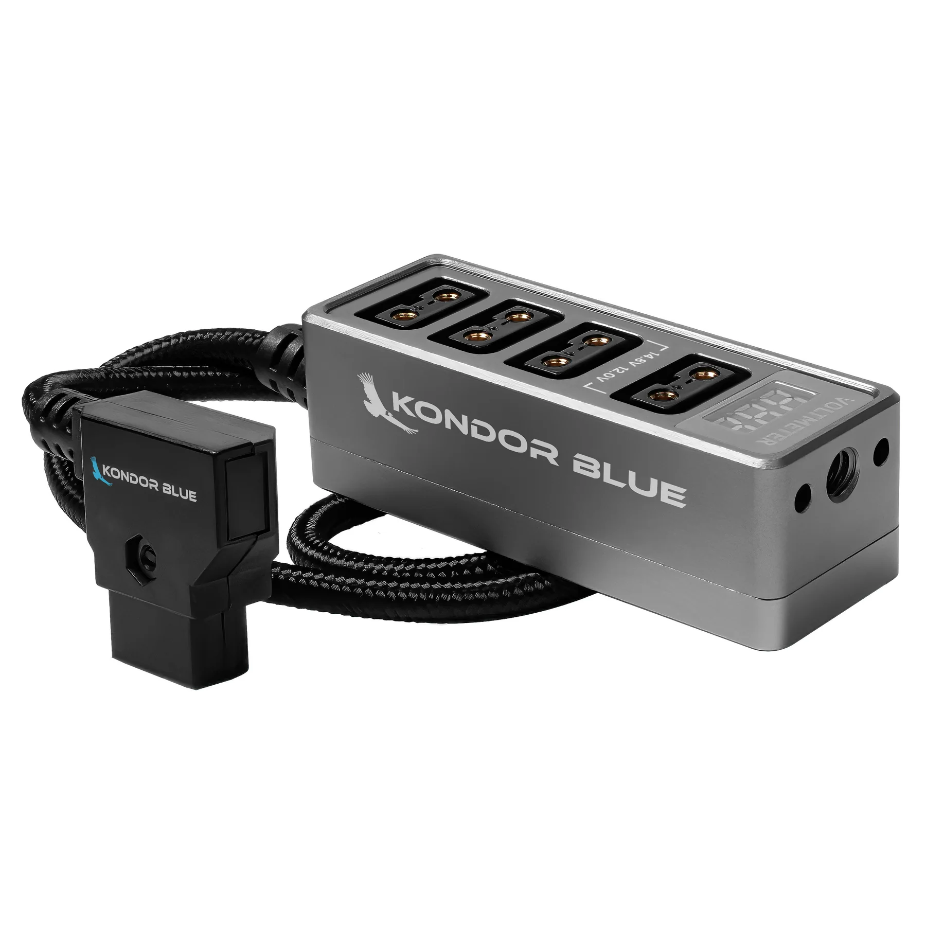 Kondor Blue 12v Metal D-tap Hub Voltmeter 4 Way Port Power Tap Splitter (1/4”-20 Threads) - 3