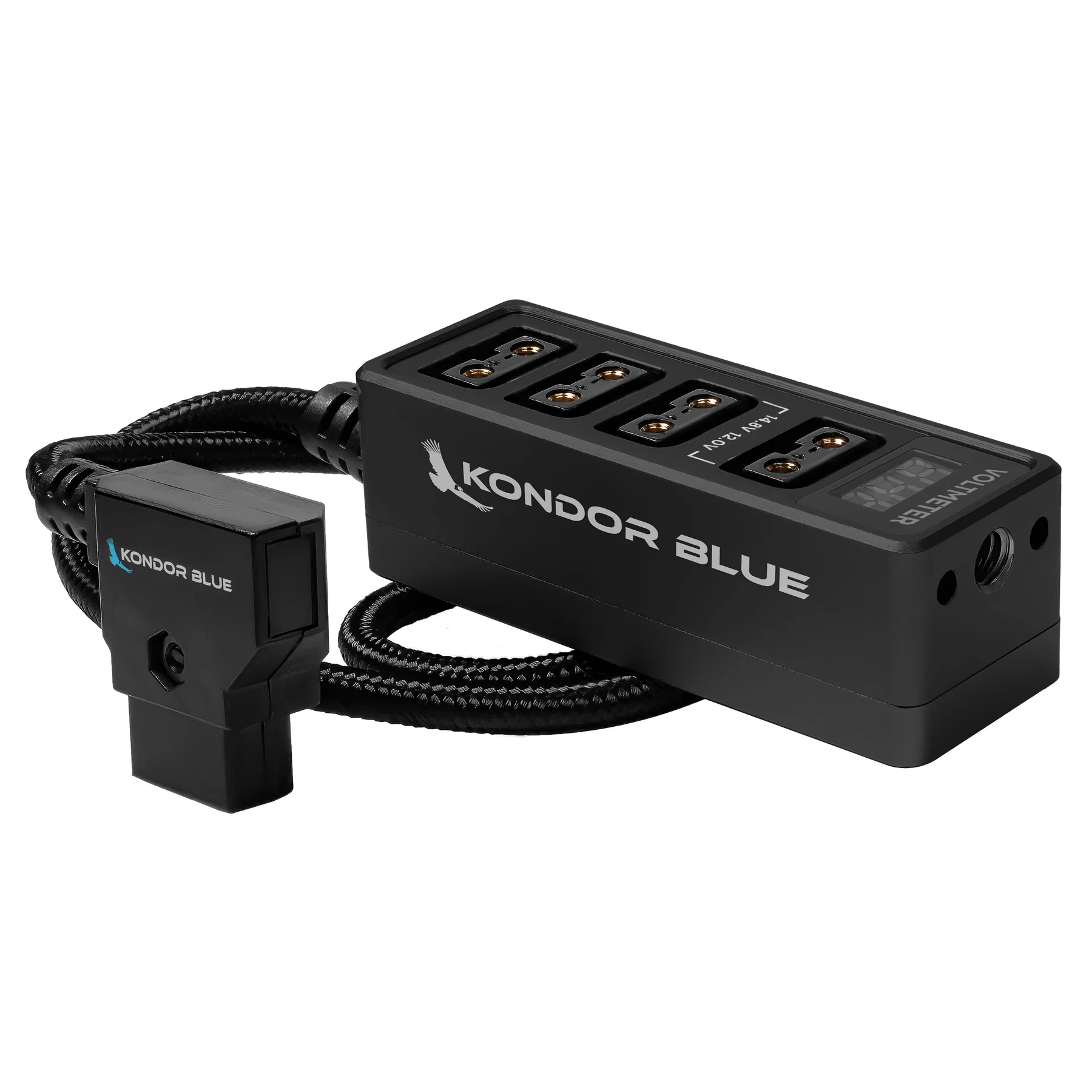 Kondor Blue 12v Metal D-tap Hub Voltmeter 4 Way Port Power Tap Splitter (1/4”-20 Threads) - 5