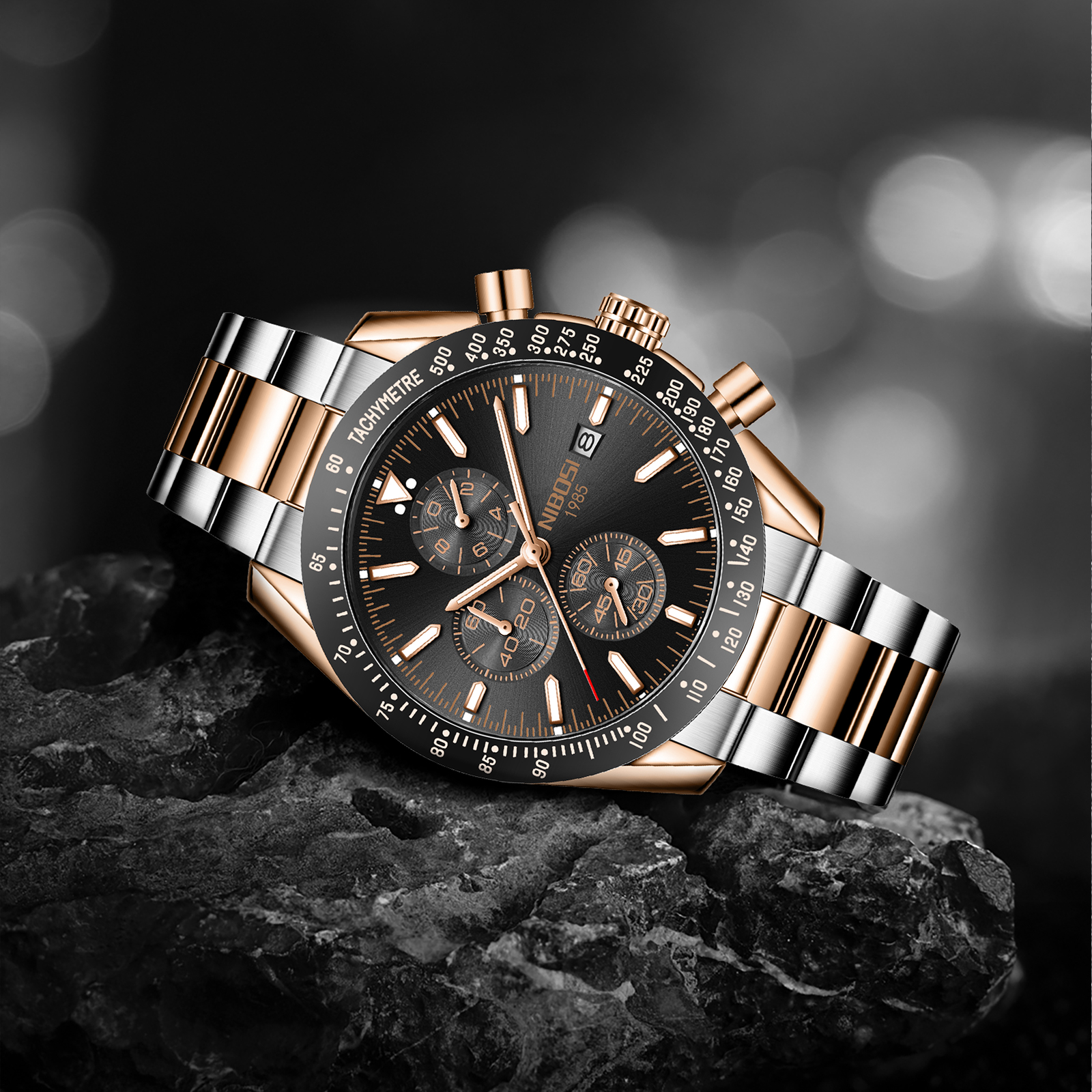 Nibosi Trackmaster Rose Gold Silver Black Steel