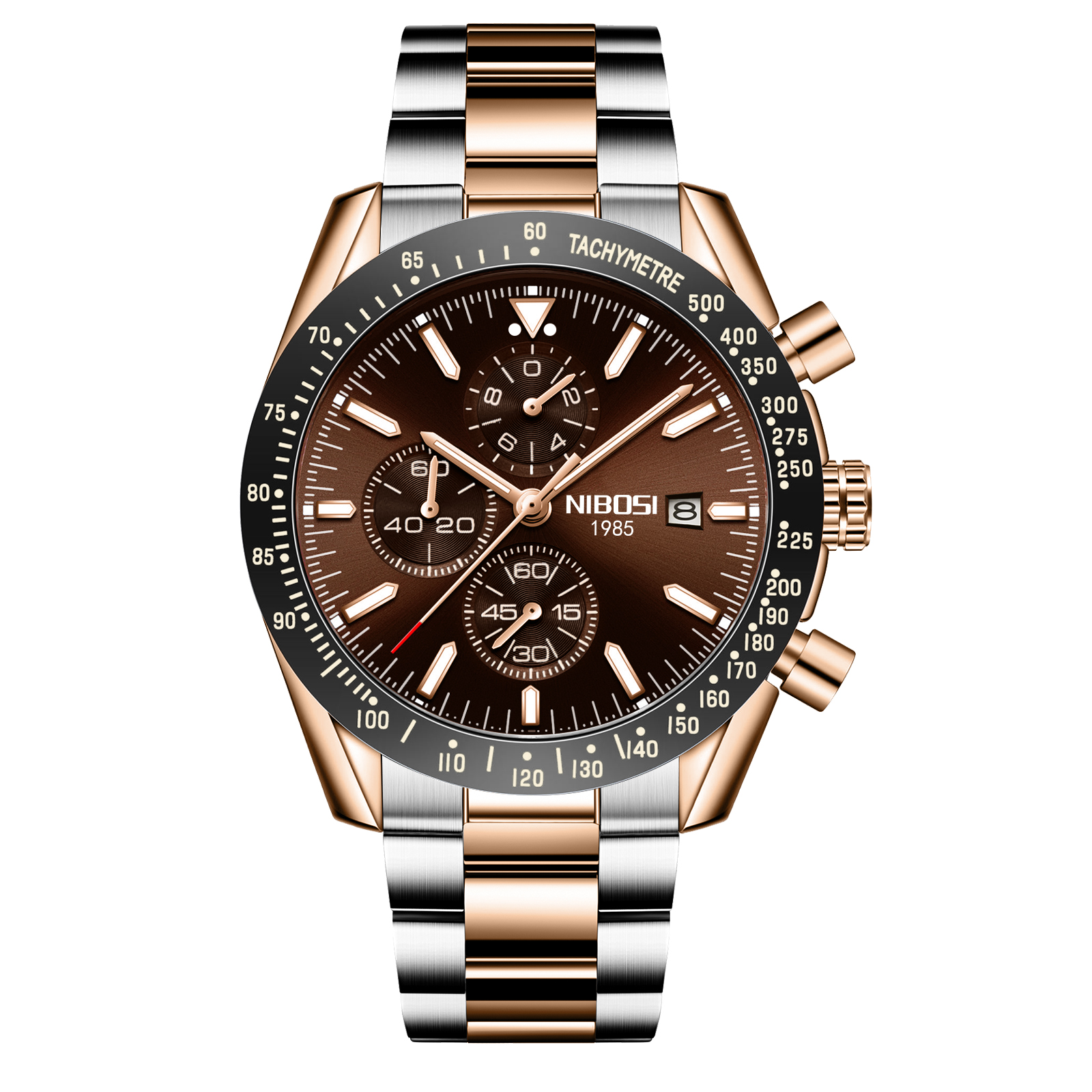 Nibosi Trackmaster Rose Gold Silver Brown Steel